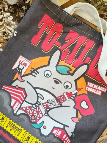Totoro x Godzilla poster themed tote bag